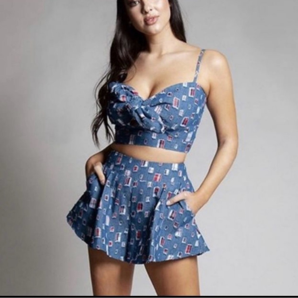 L’ATISTE by Amy Crop Top & High Rise Short Set Blue Denim & Plaid Small NWT